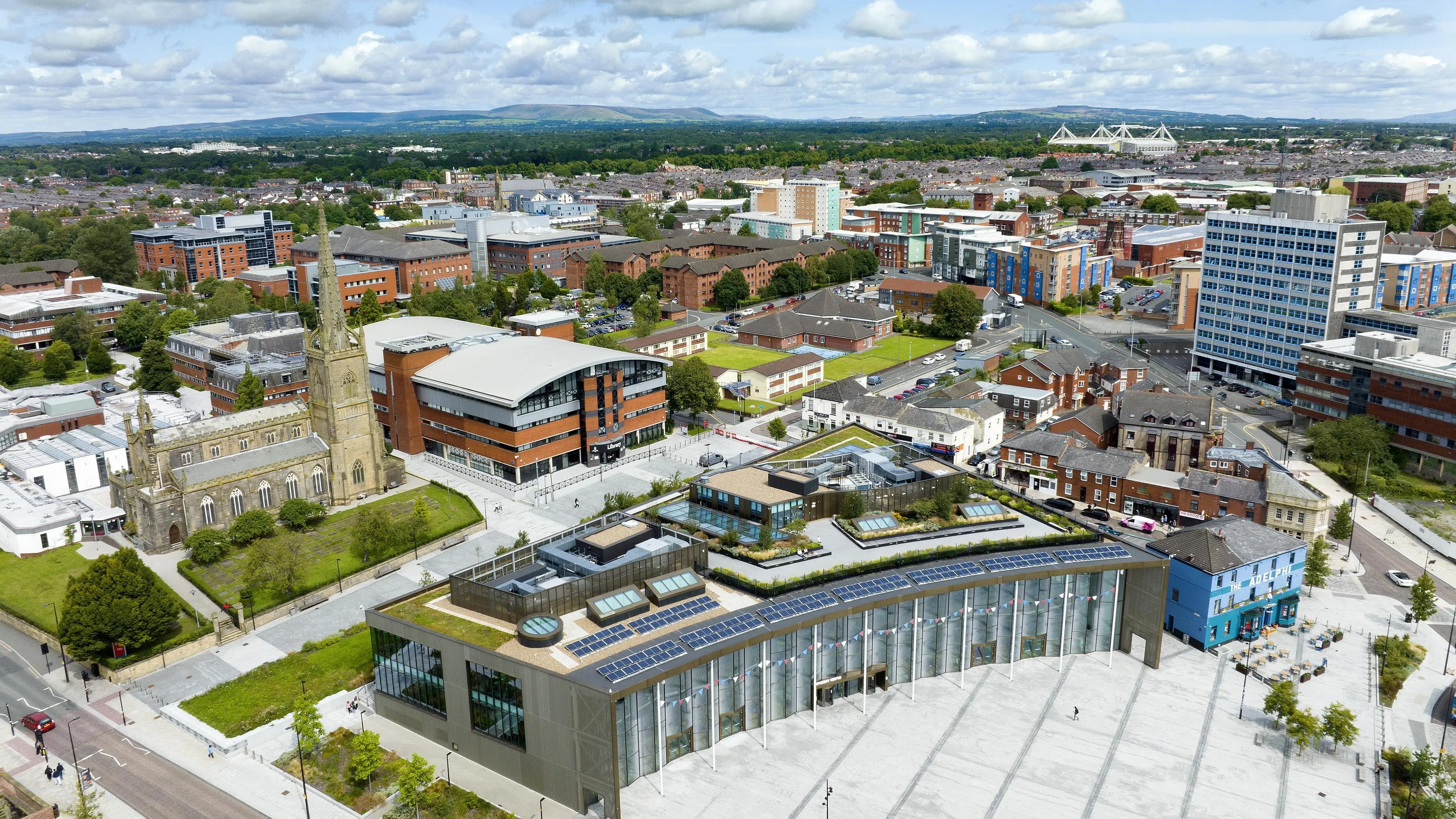 Aerial image of the University of Central Lancashire's Student Centre square and surrounding areas.