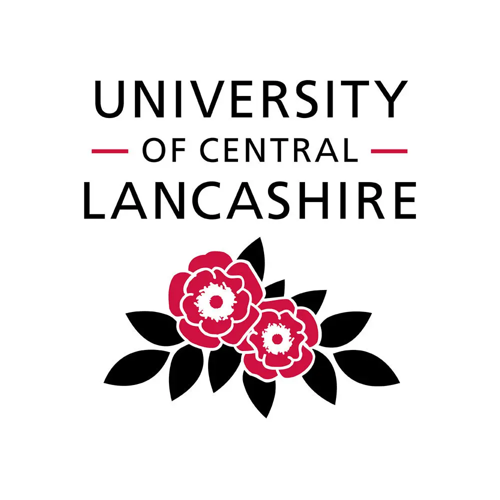 Red and black University of Central Lancashire logo featuring a pair of red roses (pre-2020)