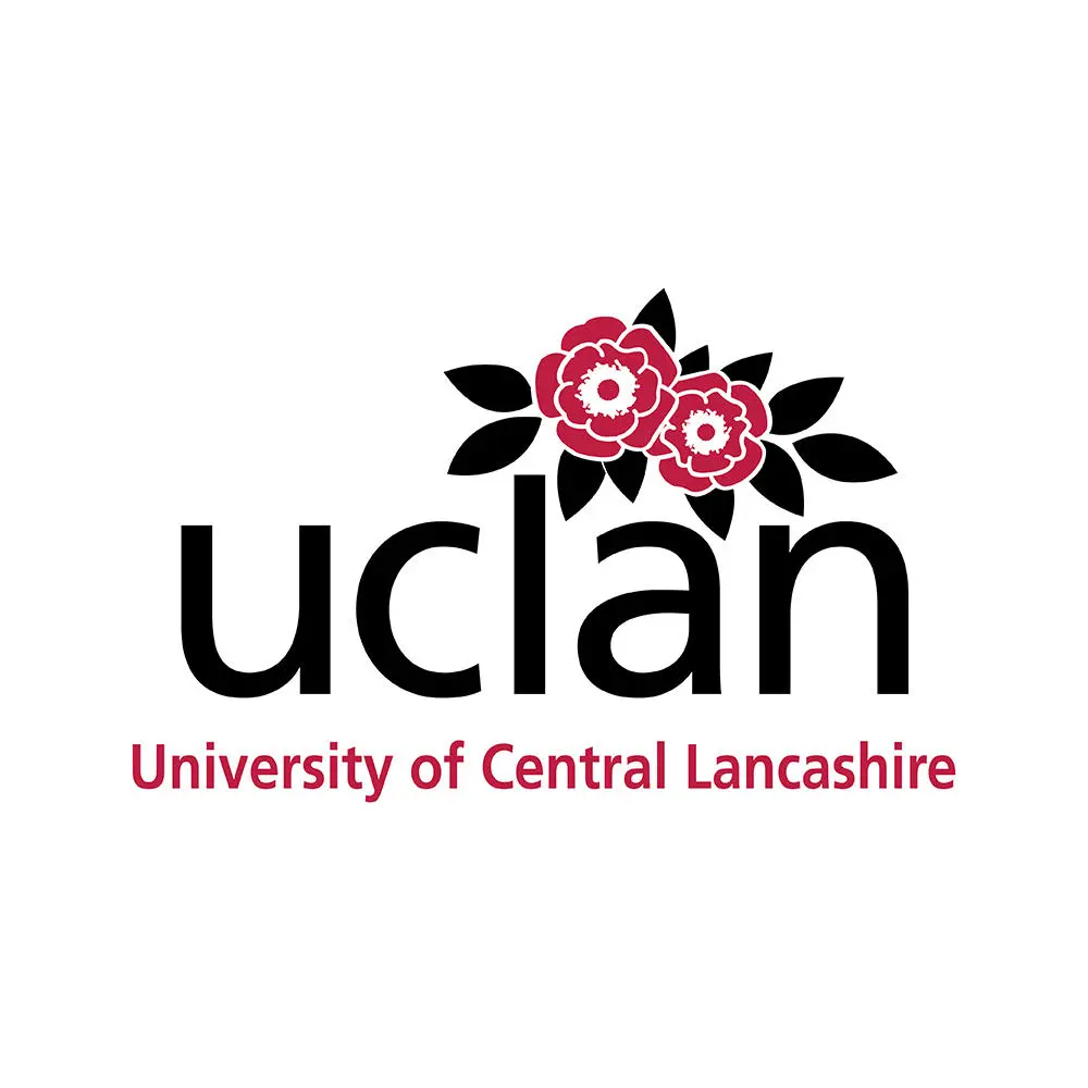 Red and black logo featuring 'uclan' prominently, beneath two red roses (pre-2020)