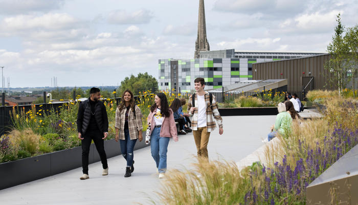 people walking on the Student Centre rooftop