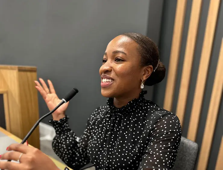 Policing student Paula Melo speaking in our moot court room