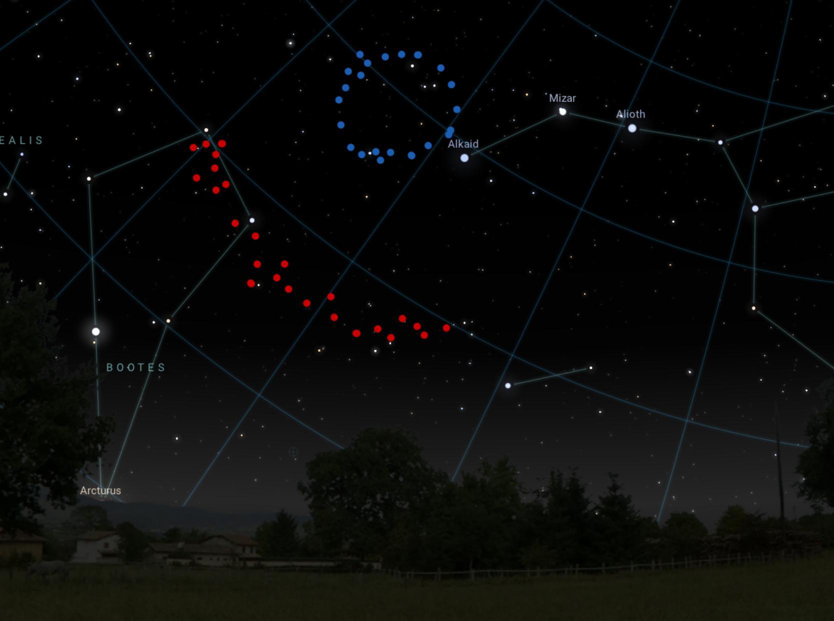 An artistic impression of what the Big Ring (shown in blue) and Giant Arc (shown in red) would look like in the sky. Background image credit: Stellarium.