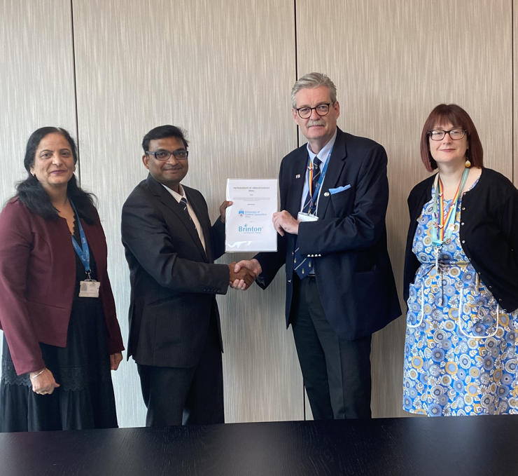 (L-R) Professor Kamalinder Singh, Dr Praveen Kumar Tavva, Professor StJohn Crean and Dr Clare Lawrence, Dean of the School of Pharmacy and Biomedical Sciences