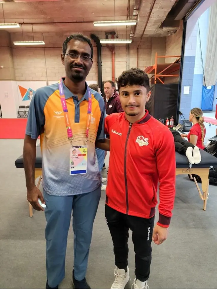 Nagarjuna Marem with Jake Jarman, England's gold medal winning gymnast